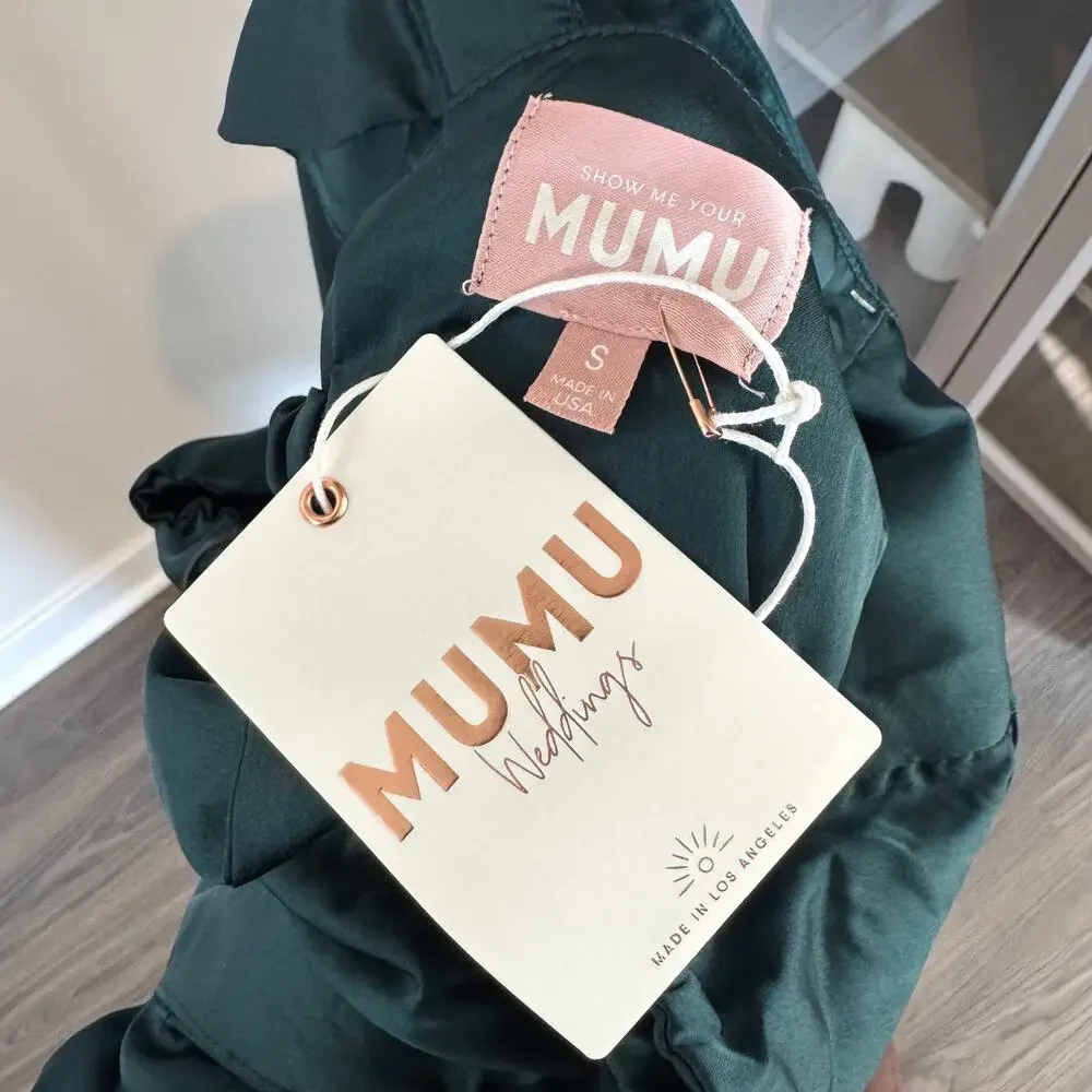 Show Me Your Mumu Zoey Midi Dress NEW Deep Emerald Green Satin Ruffle Trim Small - Picture 6 of 7